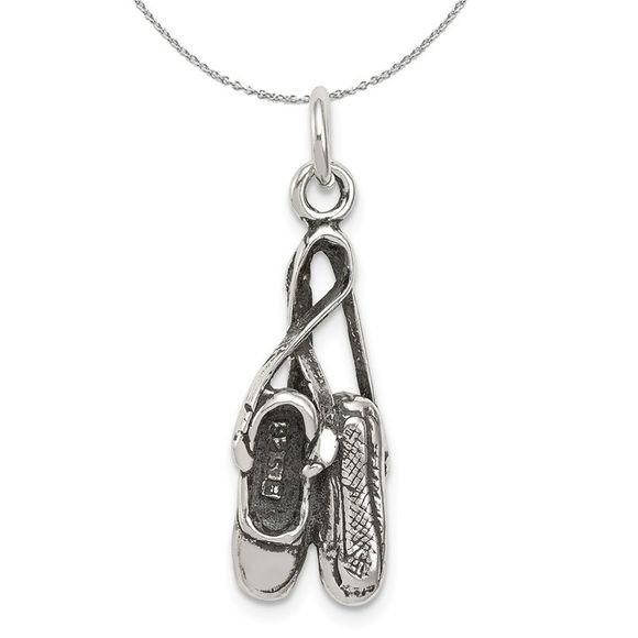 Sterling Silver Antiqued Ballet Shoes Necklace - 18 Inch